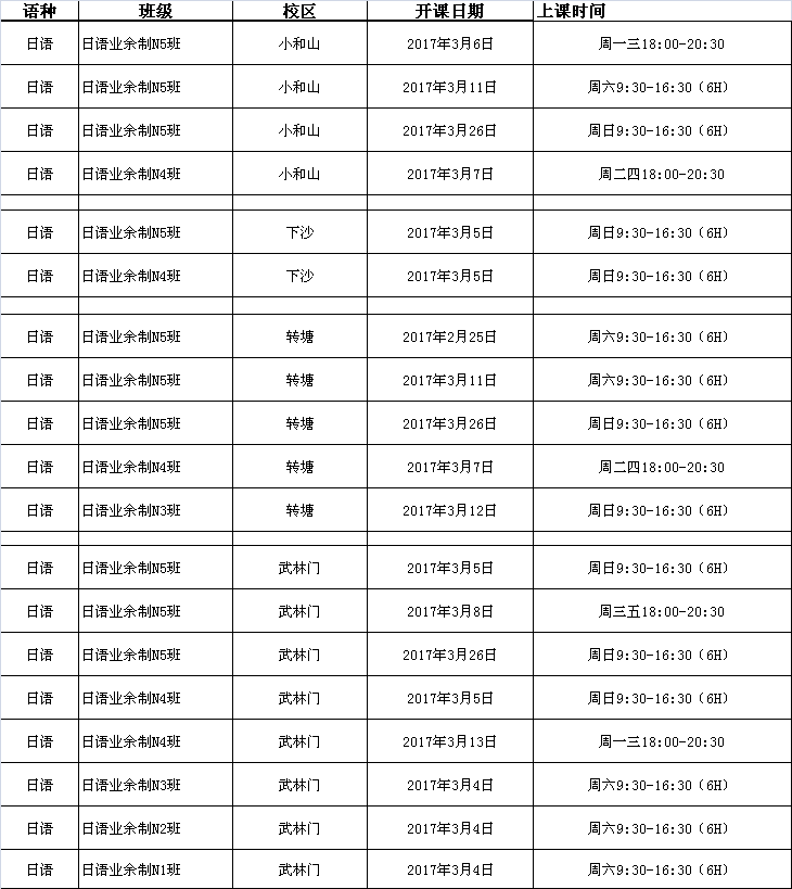 3月份日语春季班课程表