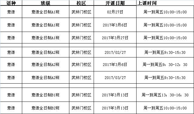 3月份意大利语春季班课程表